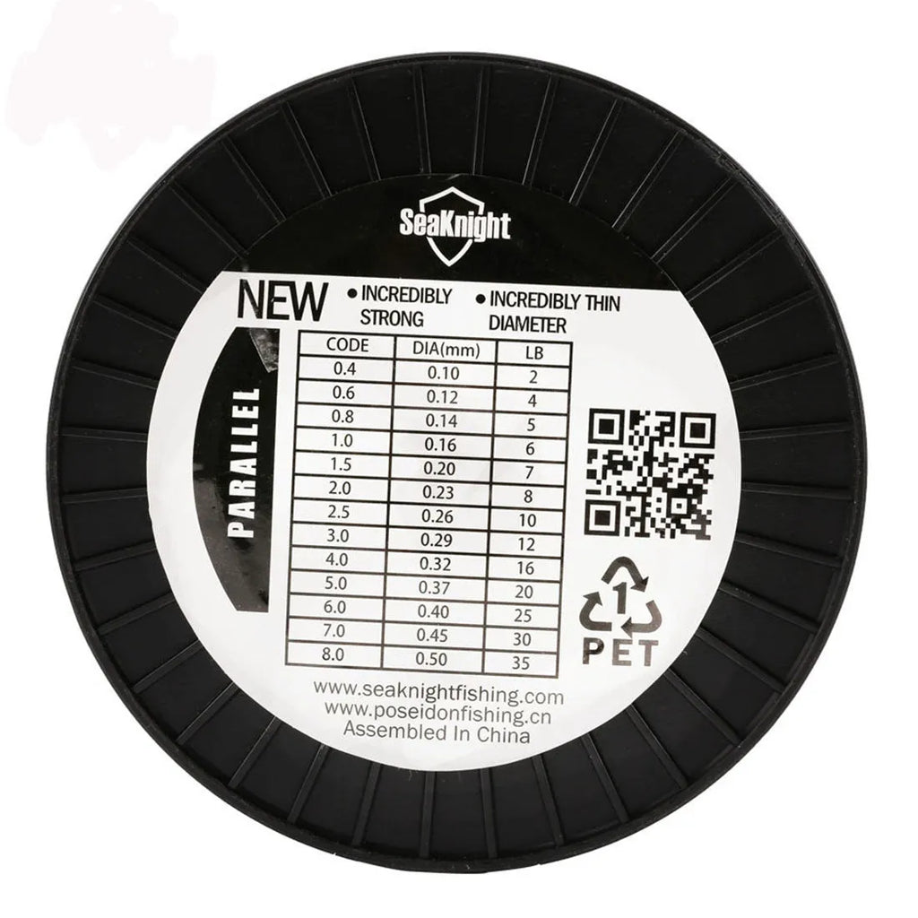 Roll of Seaknight1000 M nylon fishing line showing available colours: white, green, blue, yellow, black.