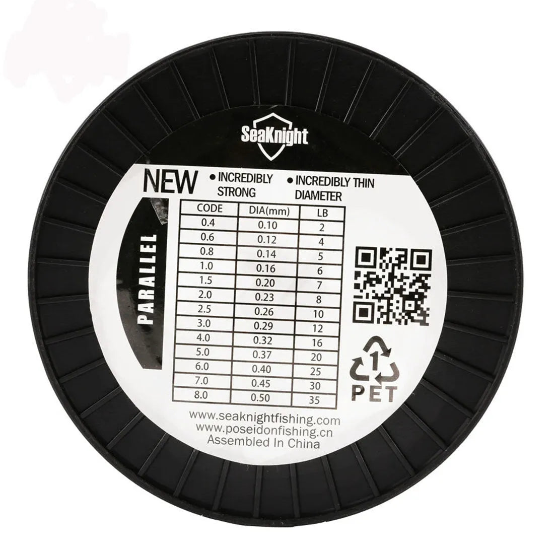 Roll of Seaknight1000 M nylon fishing line showing available colours: white, green, blue, yellow, black.