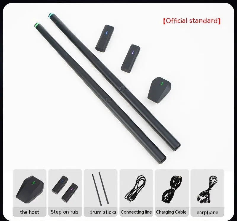 Black wireless air drum kit with two drumsticks and LED lighting indicators