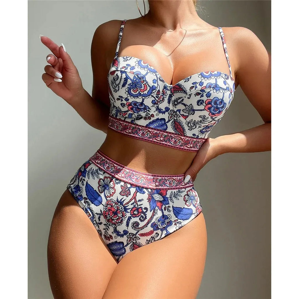 Blue women's high waist push-up bikini swimsuit made from polyester fabric