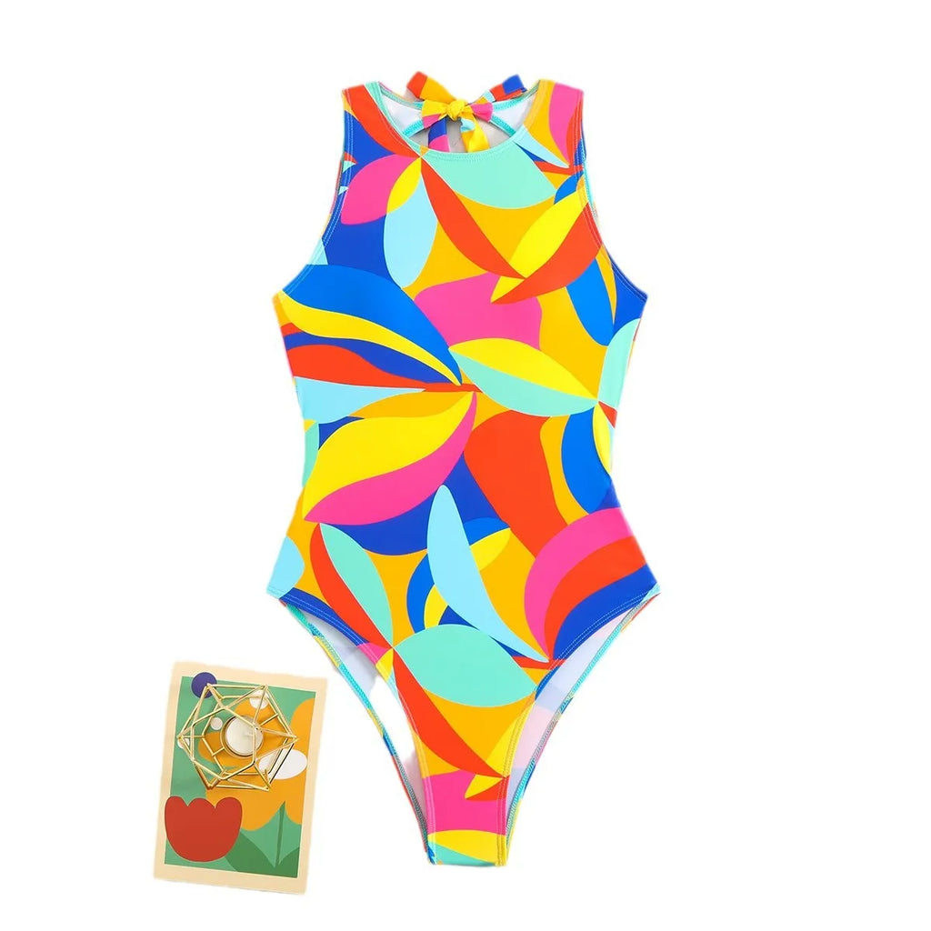 Women's multi-colour printed one-piece swimsuit, tight fit, available in sizes S M L XL, black colour option