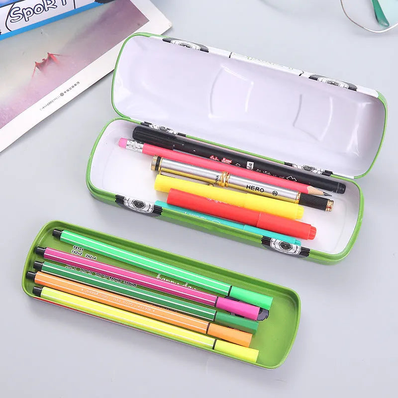 Tinplate metal stationery box with cartoon racing car design and double-layer compartments