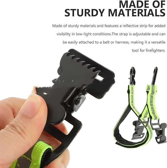 Fluorescent green metal safety clip with buckle for fireman gloves on a reflective nylon lining.