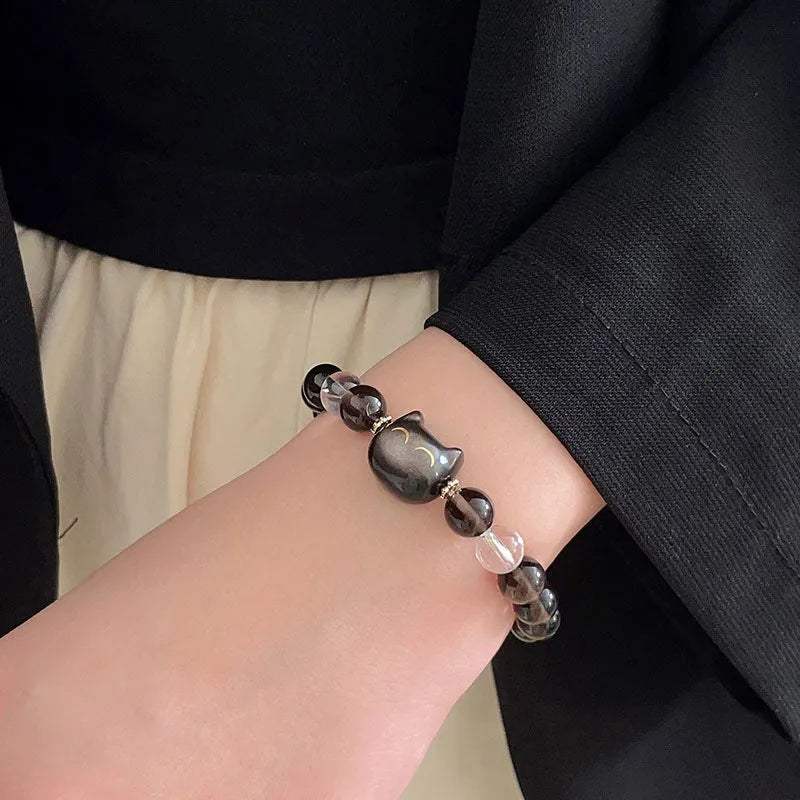 Women's natural opal cat head bracelet with Ice Stone finish and 8mm bead on silver tone chain