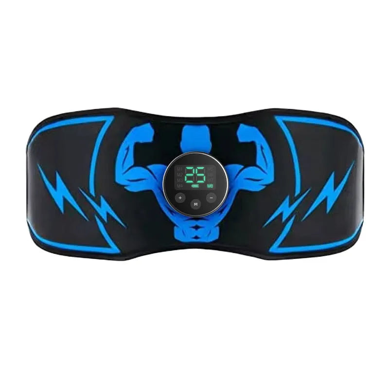 Blue EMS fitness slimming belt with abdominal stickers and wireless remote control unit