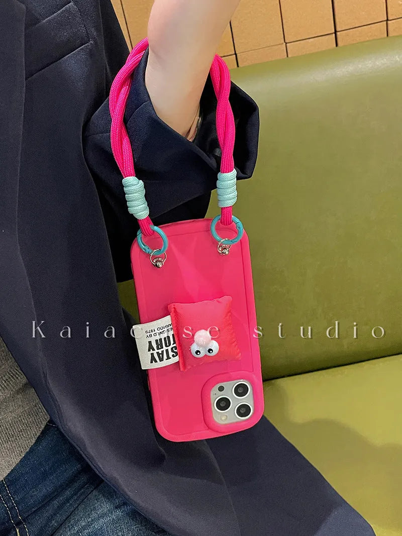 Lanyard phone case with bracket kickstand for iPhone in rose red colour, soft TPU material