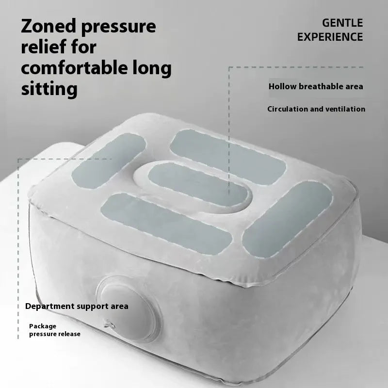 Blue inflatable seat cushion with flocked texture, shown inflated for use and folded for storage.