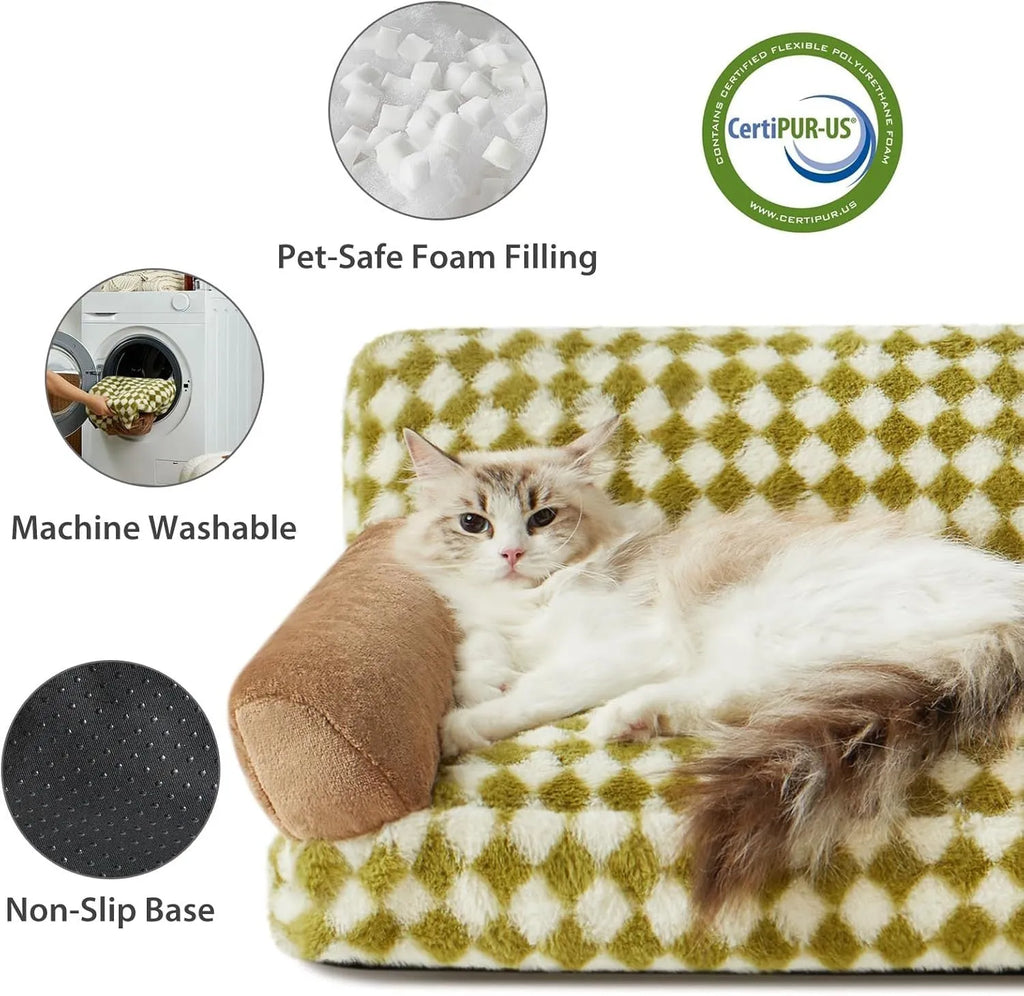 Pet couch bed for small dogs and cats with checkered pattern and non-slip bottom, white and grey, in a living room