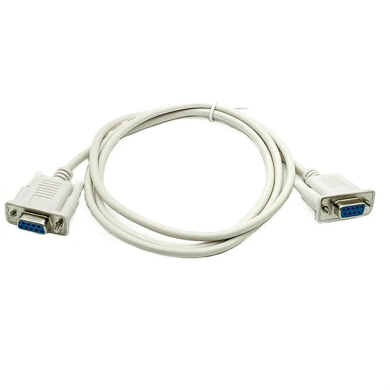 Close-up of a milky white RS232 serial cable with two female DB9 connectors.