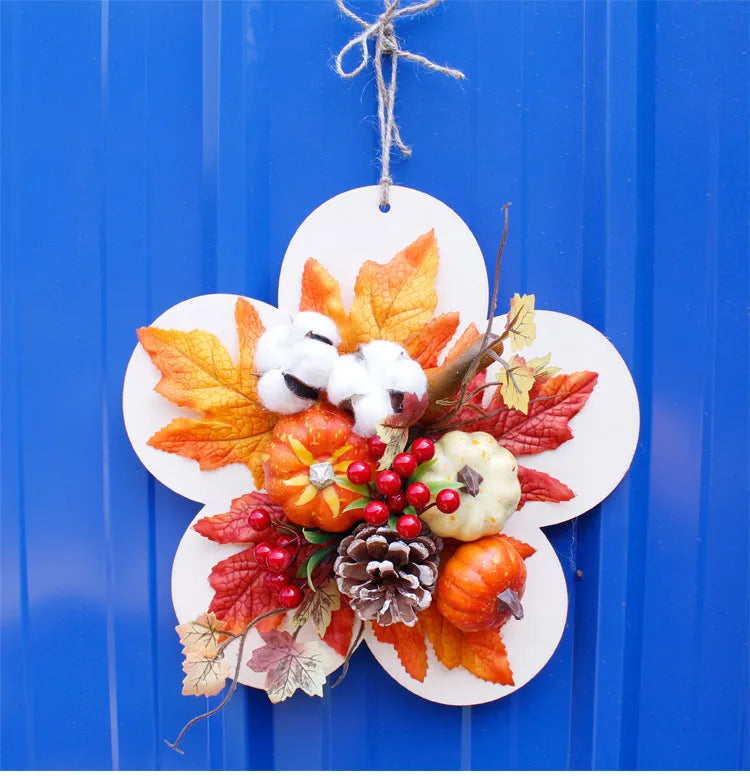 Autumn pumpkin wreath with fabric leaves, simulation pumpkins, berries, and pine cones on a vine ring, 50cm diameter