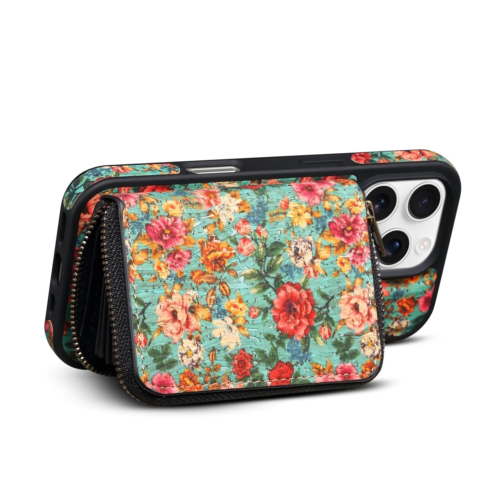 Cork phone case with magnetic suction and bracket for iPhone 17, red colour, three-dimensional floral design