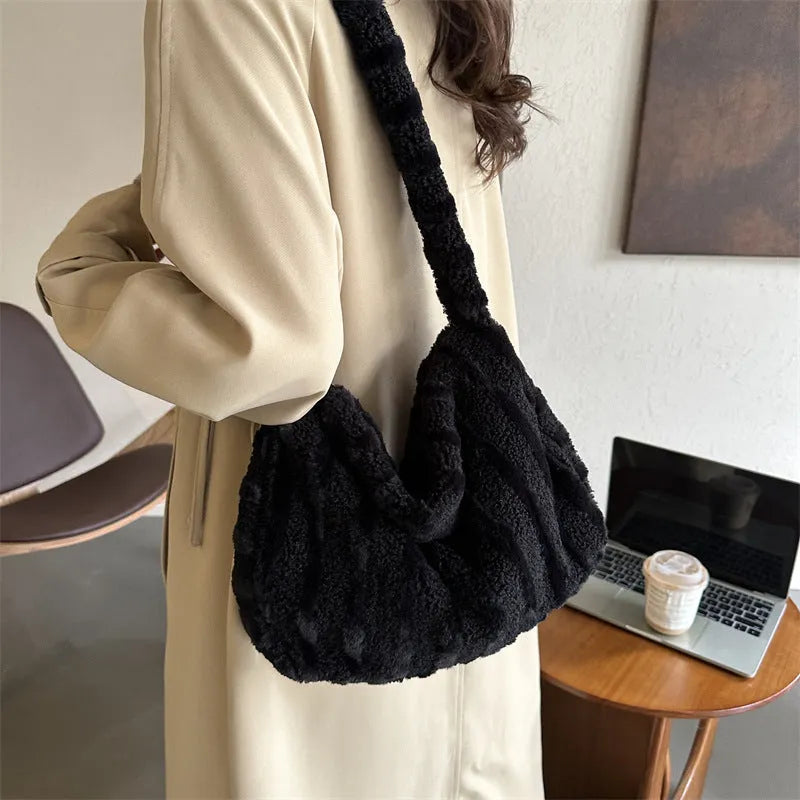 Large striped plush tote bag for women in black, green, orange, purple, or white, portable shoulder handbag.