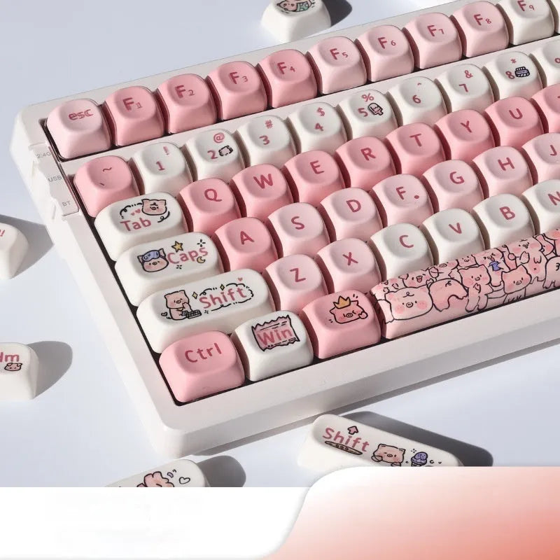 Pink PBT key caps with pig design artwork for mechanical keyboards showing MOA height profile