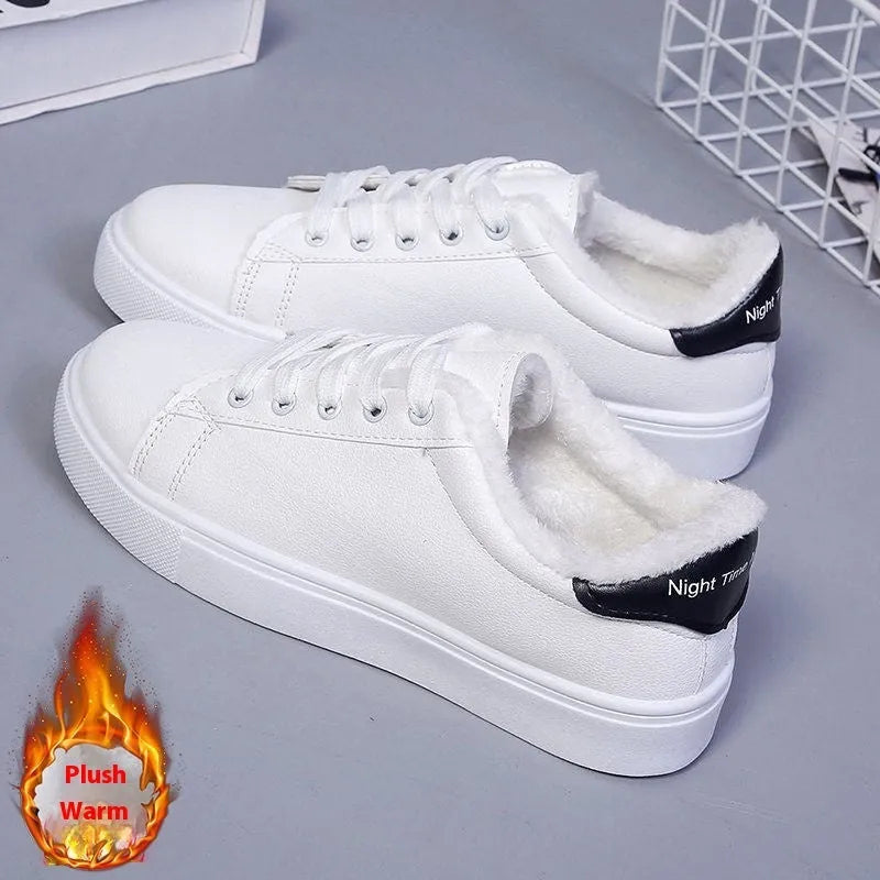 Flat low-top sneakers with PU upper, cloth lining, rubber sole, round toe, in white, black, or blue.