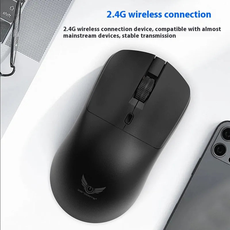 Black wireless mouse with three programmable audio buttons for laptop computers