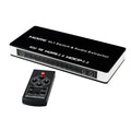 Black HDMI switch with remote control and connection cables for 4-in-1 video switching