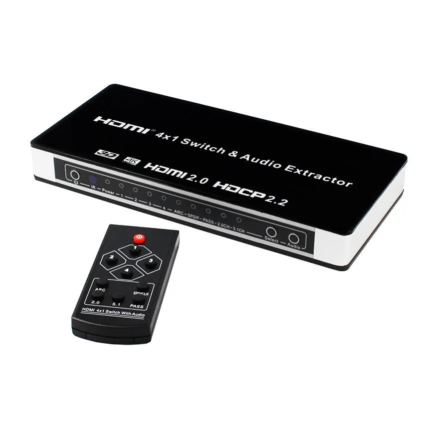 Black HDMI switch with remote control and connection cables for 4-in-1 video switching