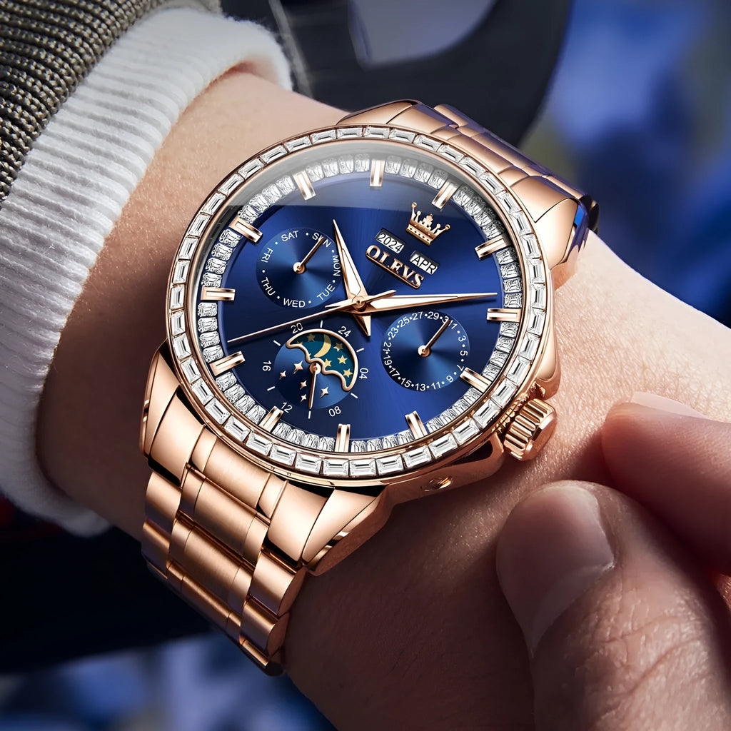 Men's automatic mechanical watch with stainless steel strap, transparent case back, and flat top crown in business style