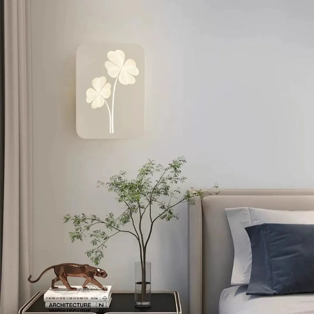 Modern bedside wall lamp with acrylic shade in six designs: white or pink square four-leaf clover, round ginkgo leaf, and round love heart.