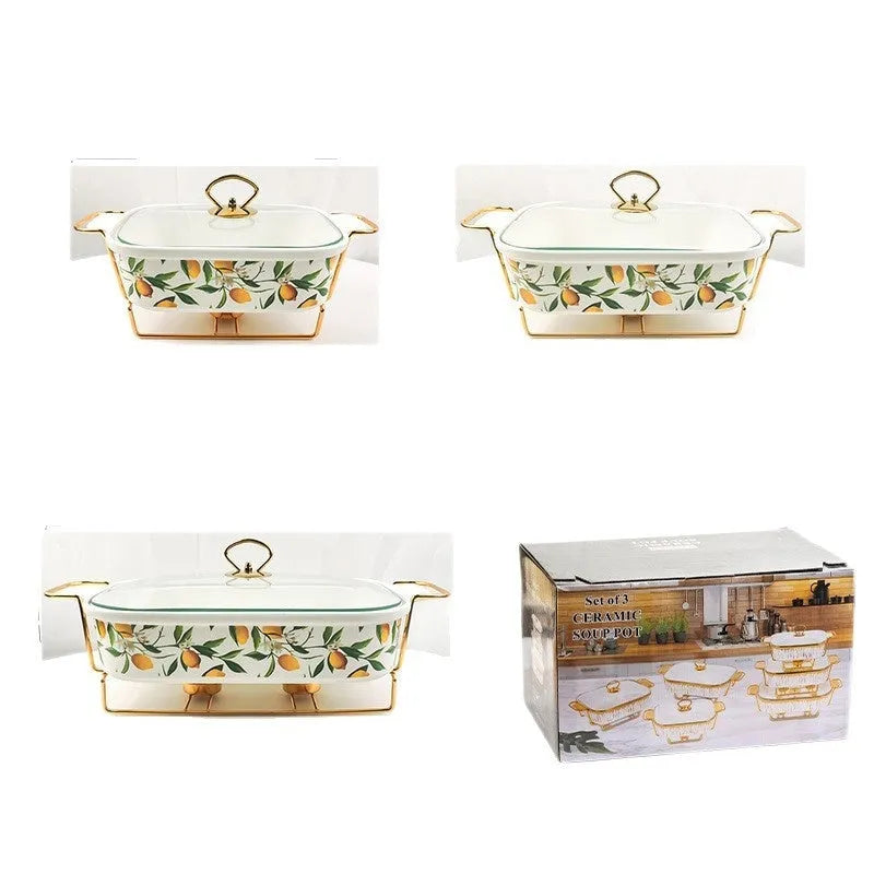 Ceramic soup pot binaural hot pot, porcelain, rectangular, electroplated finish, lemon pattern, in gift box with three pieces