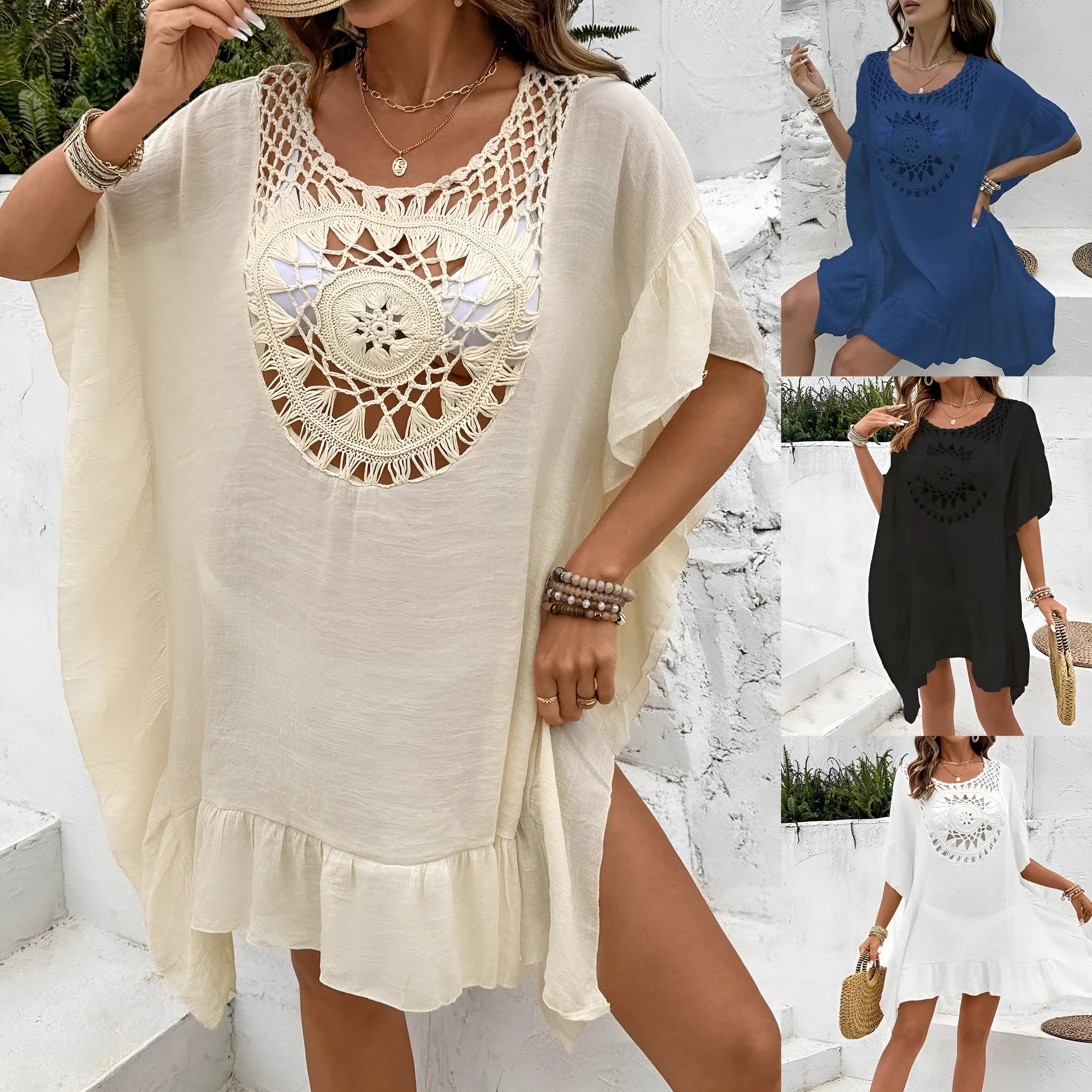 Crochet stitching patchwork skirt beach dress swimsuit cover-up in slubbed polyester fabric