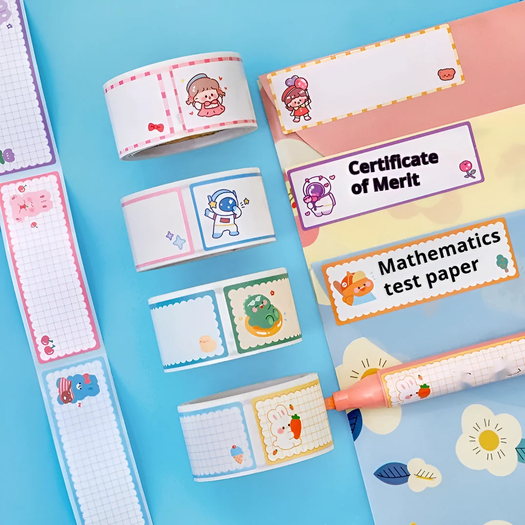 Roll of cartoon name stickers showing dinosaur, astronaut, rabbit, and girl designs.