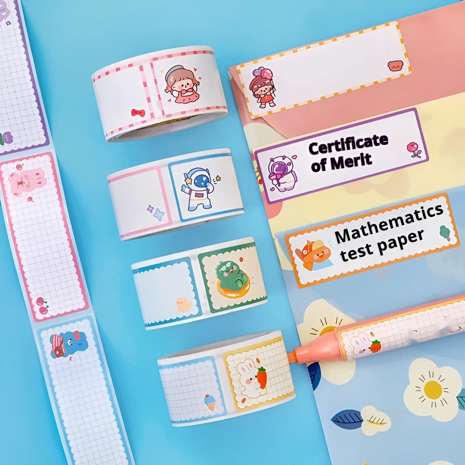 Roll of cartoon name stickers showing dinosaur, astronaut, rabbit, and girl designs.