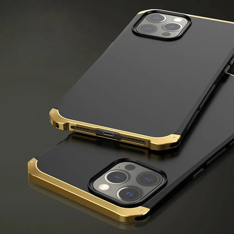 Metal screw hard shell phone case in black with red piping option for iPhone