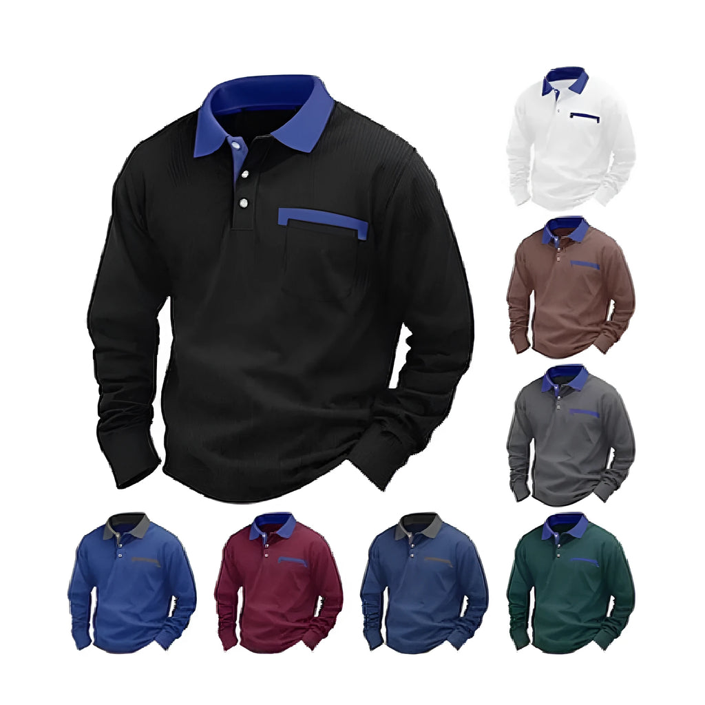 Man wearing a long-sleeved waffle-texture polo shirt in a solid colour, showcasing the retro style and asymmetric detail.