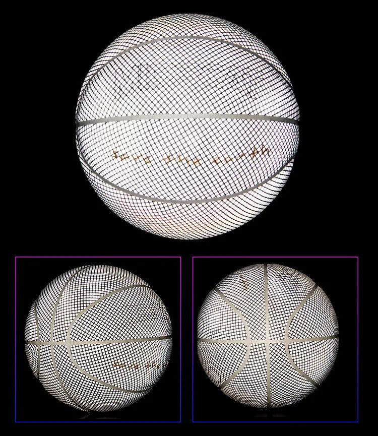 Glowing luminous fluorescent basketball with reflective effect for night games, white and colourful design