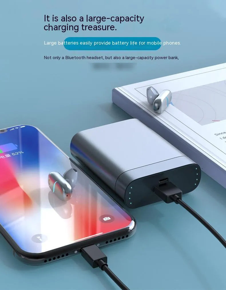 Silver gray wireless Bluetooth V5.0 headset with 3000mAh charging compartment and mobile power supply function, 74 x 28 x 95 mm