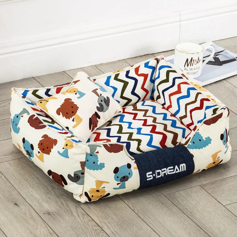 Removable washable dog cat bed pet house in Mi Puppy brown with small pillow, Oxford cloth canvas, size L