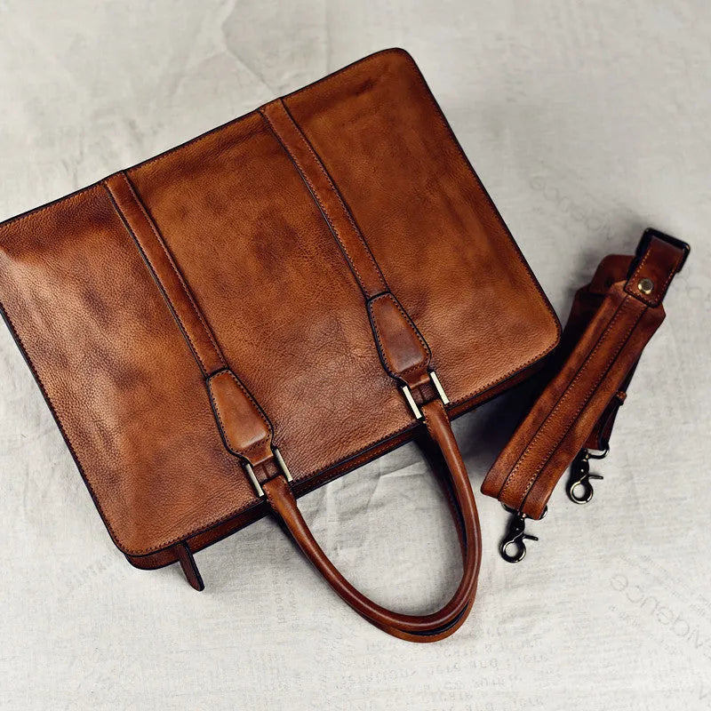 Men's 14-inch horizontal leather business handbag in black or khaki colour