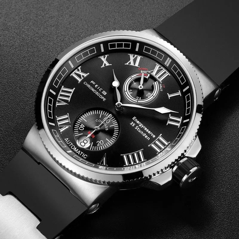 Automatic mechanical watch for men with black silicone band, luminous dial, and stainless steel watch bottom