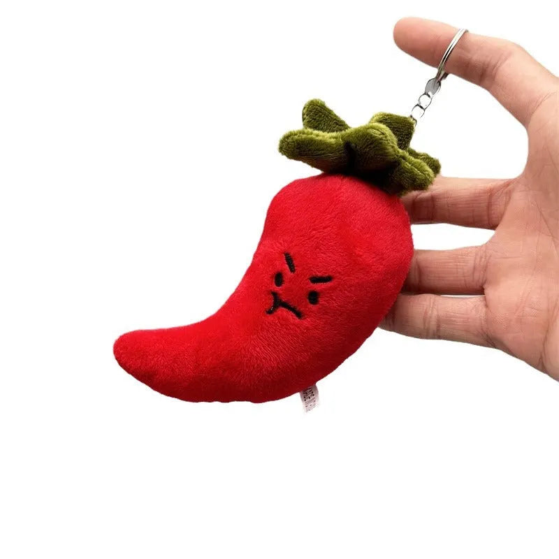 Funny vegetable plush keychain featuring onion, garlic, and broccoli pendants on a ring