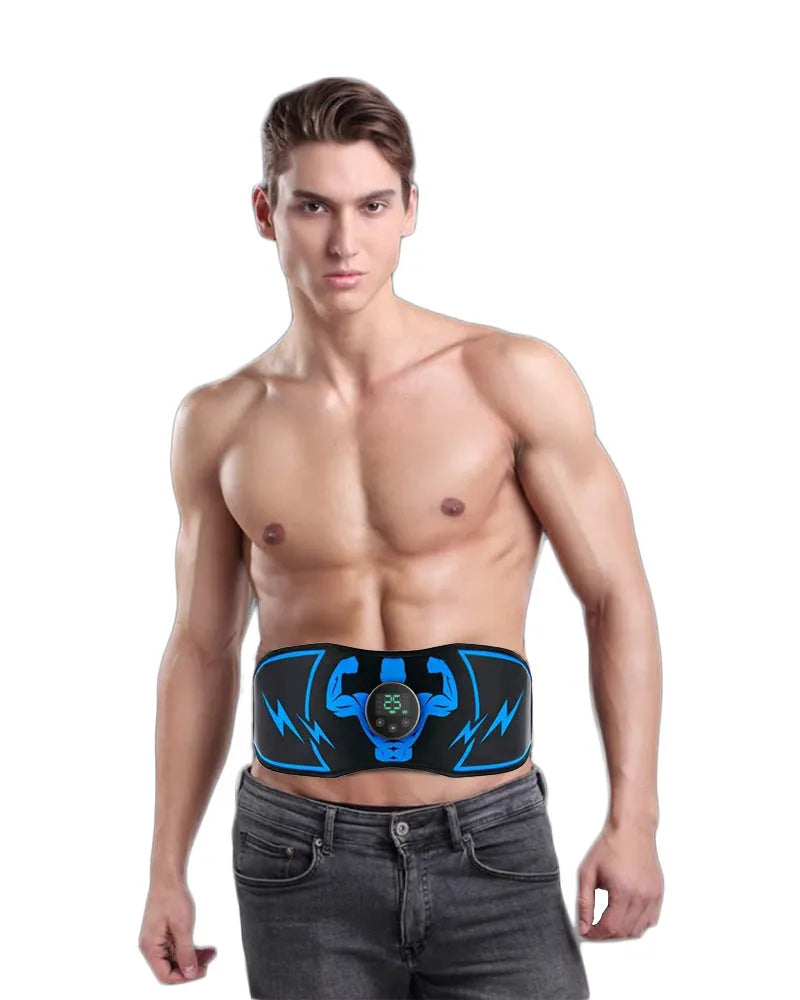 Blue EMS fitness slimming belt with abdominal stickers and wireless remote control unit