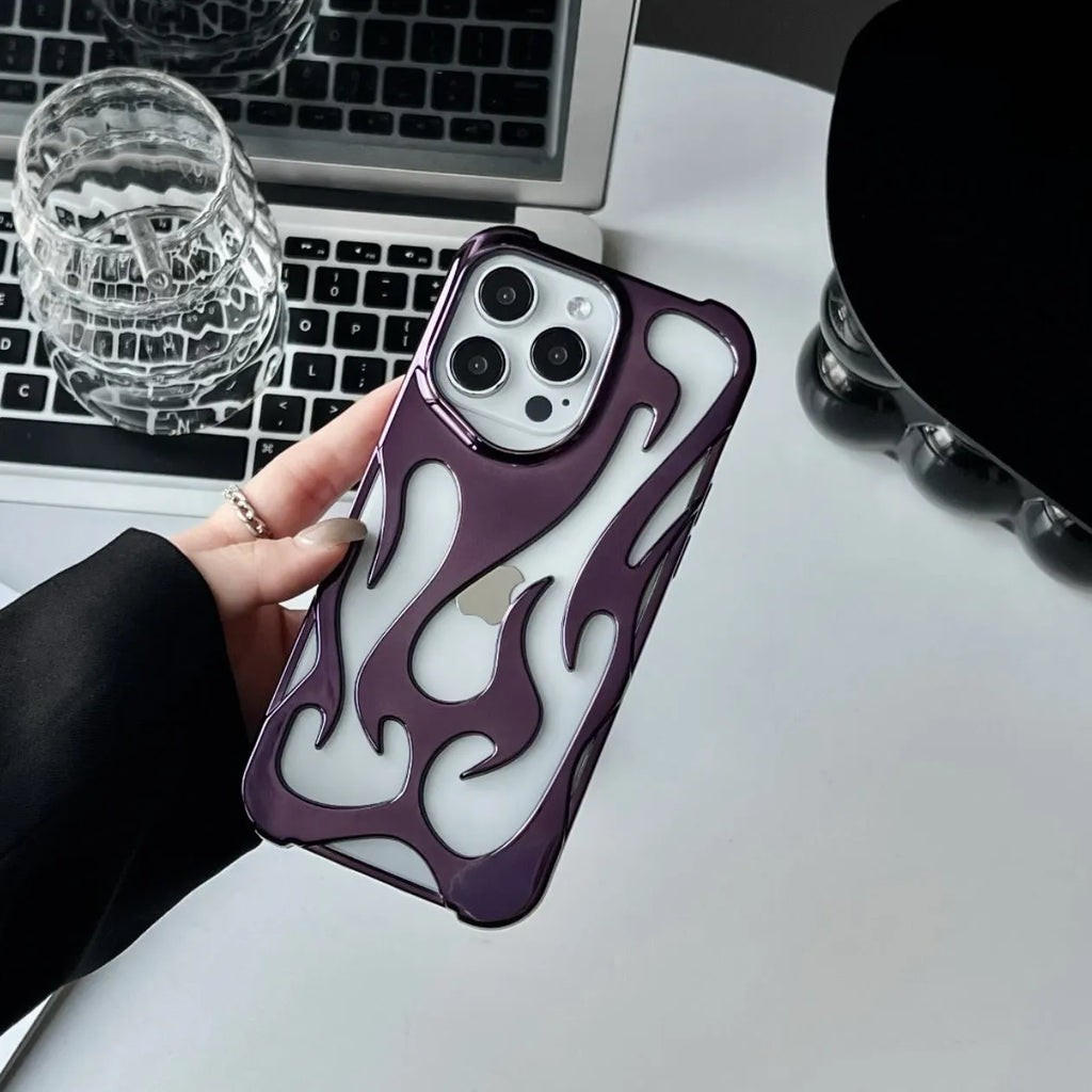 Electroplated hollow flame pattern soft phone case for Apple iPhone in silver finish.