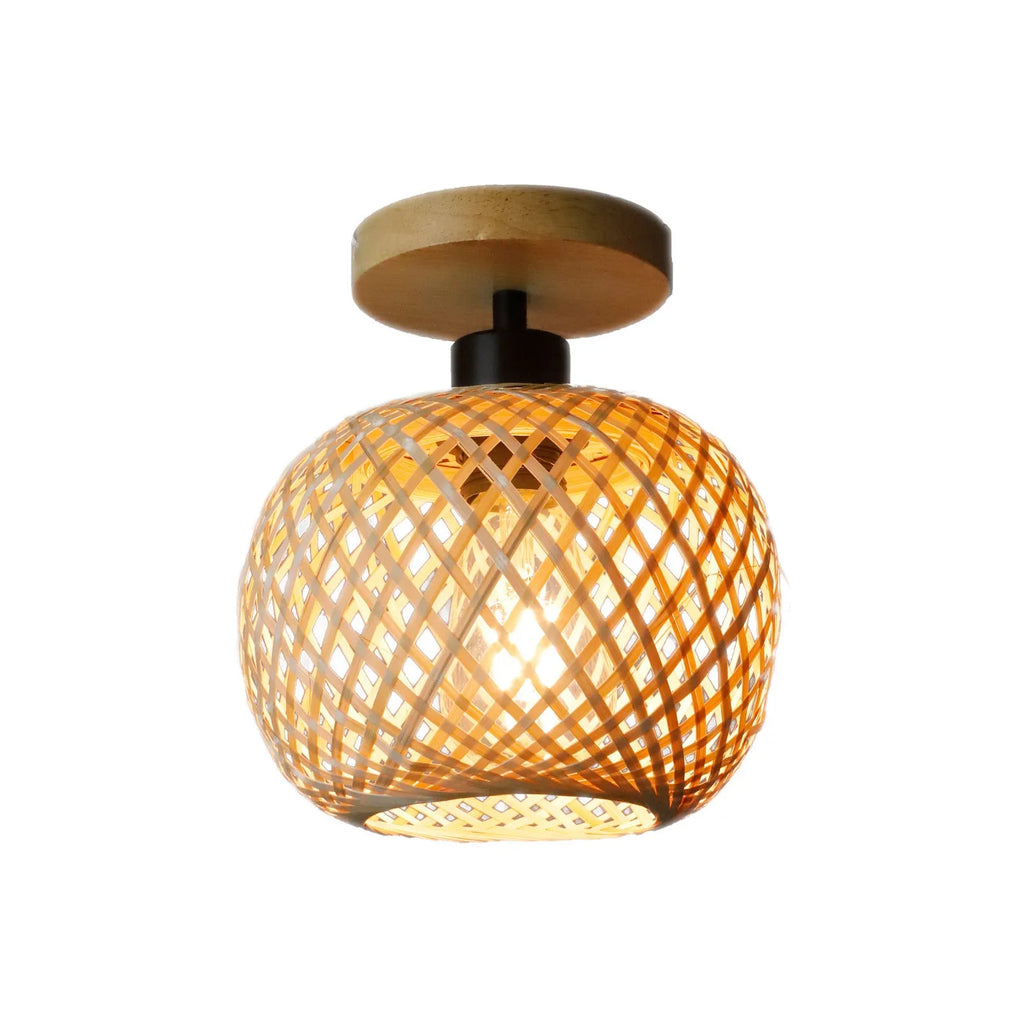 Japanese-style bamboo ceiling lamp with rattan shade in natural wood colour for corridor lighting