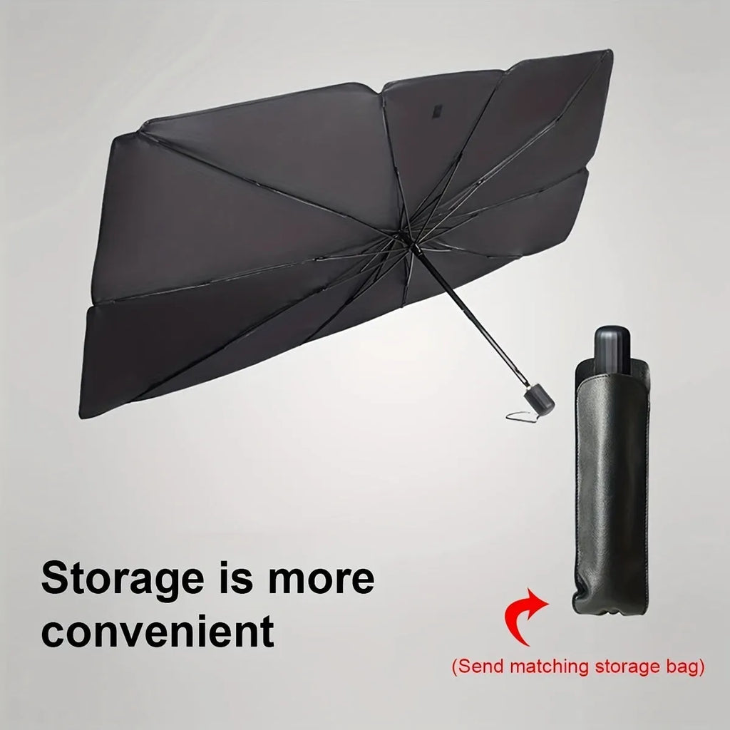 Foldable car windshield sunshade umbrella showing open and folded positions