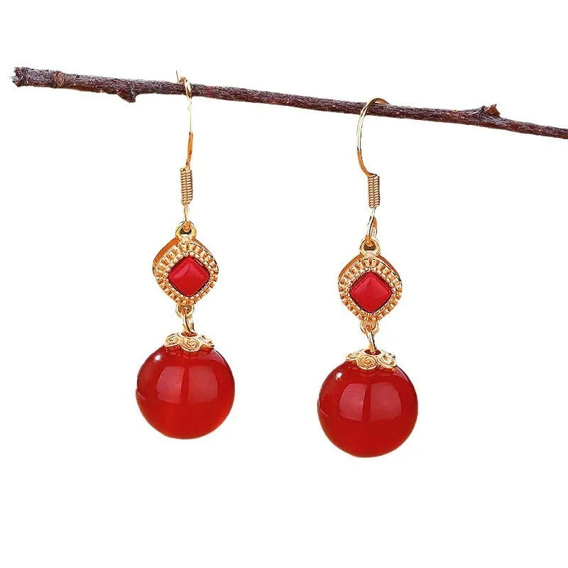 Geometric agate earrings with Southern Red Agate beads and silver inlaid jasper detail on copper alloy