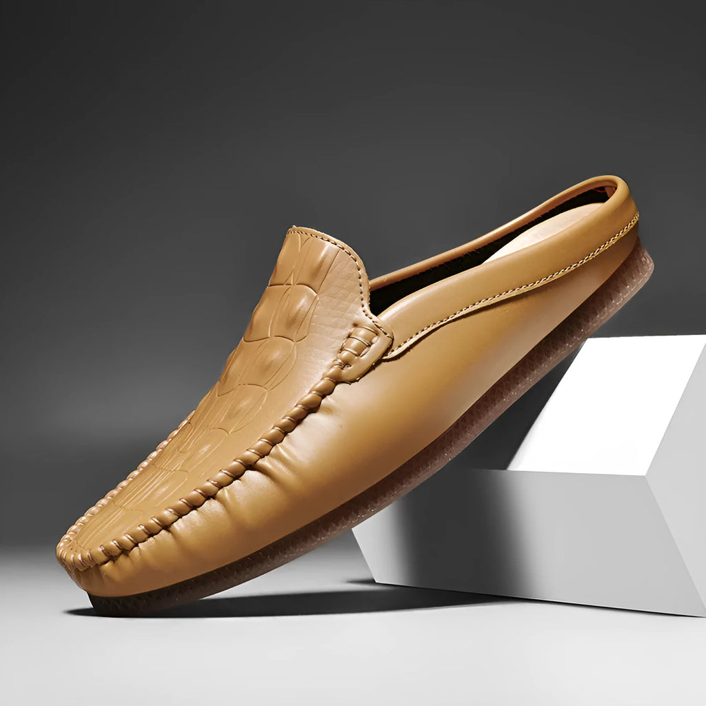 Men's black artificial PU summer semi-slippers with rubber sole shown from side view