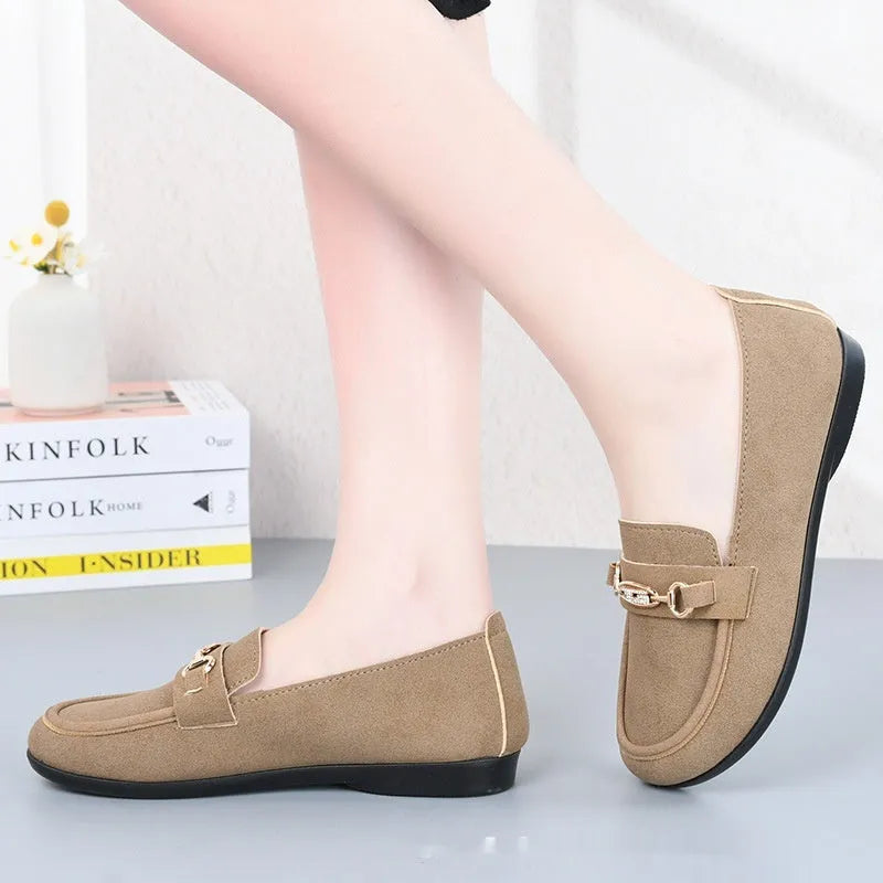 Gommino women's black casual shoes with round toe and soft rubber sole