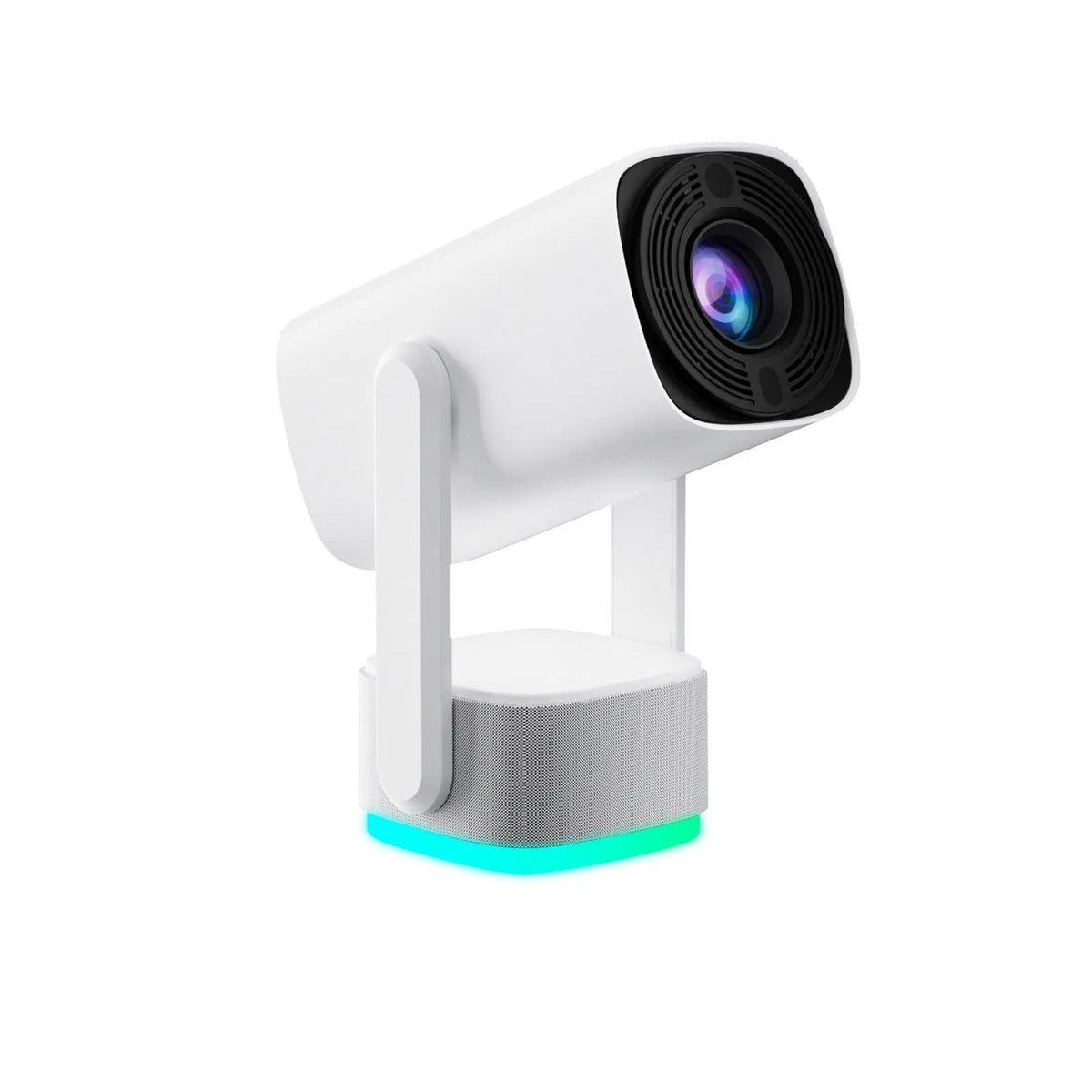 White portable 720p HD video projector with built-in battery, 230ANSI brightness, and remote control for home bedroom use