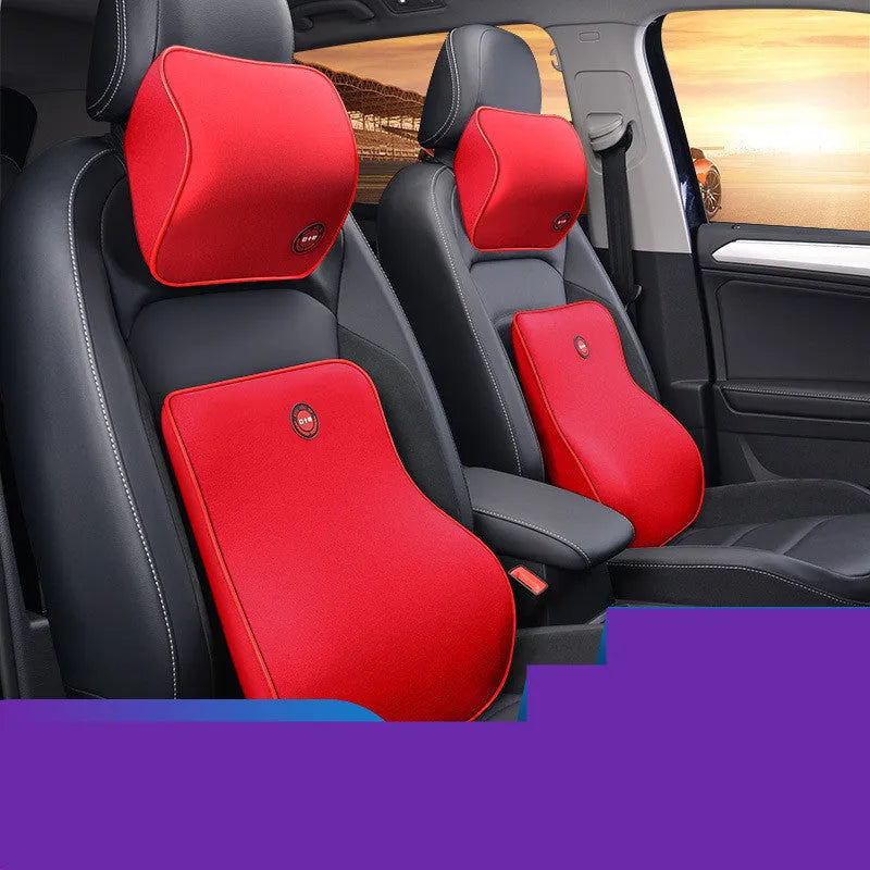 Car headrest and lumbar support pillow set in black, grey, coffee, or red, with polyester cover and bamboo charcoal memory foam filling, 0.9kg.