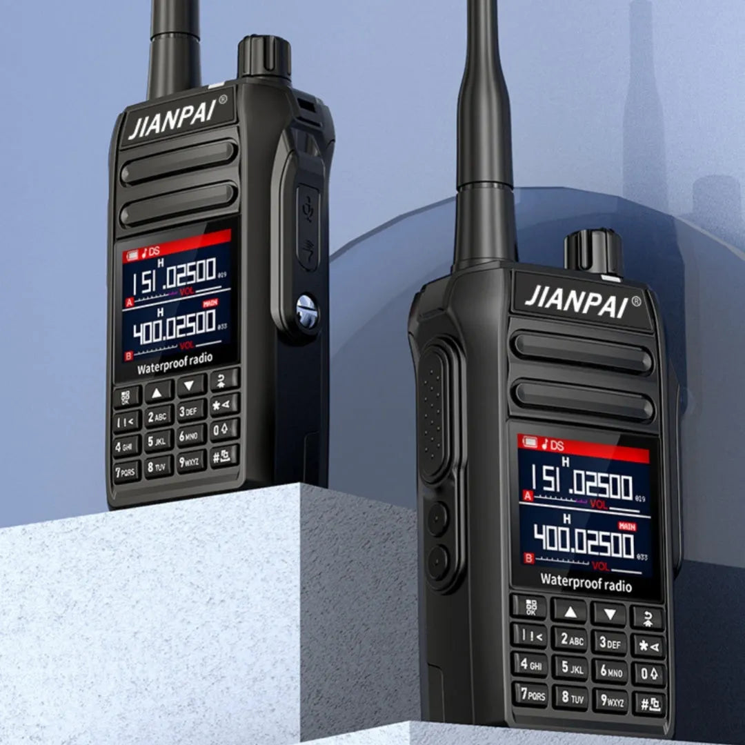 Black Interphone waterproof aviation walkie talkie with antenna, battery, back clip, and seat charger.