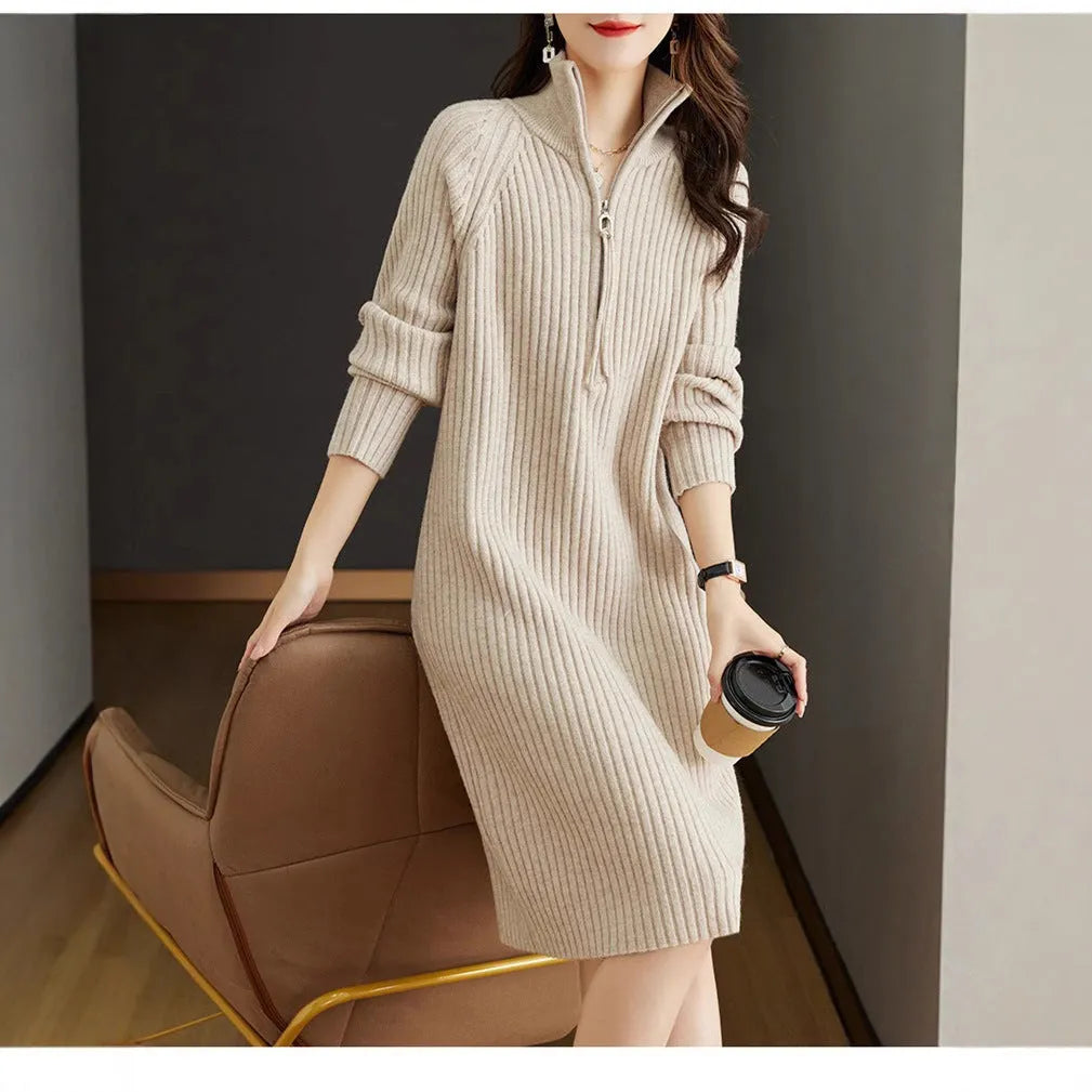 Beige half zip long sleeve midi skirt with a stand collar and straight silhouette