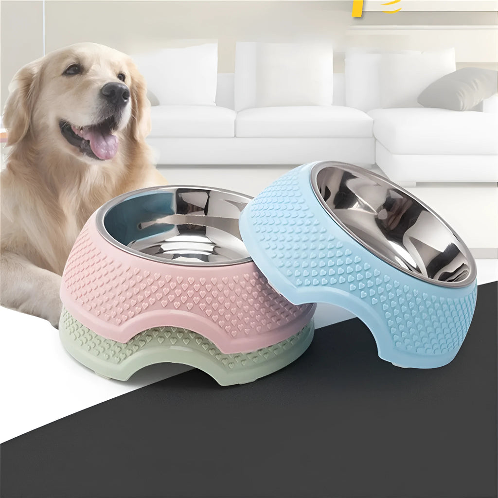 Blue stainless steel pet bowl with weighted non-slip base for cats and dogs