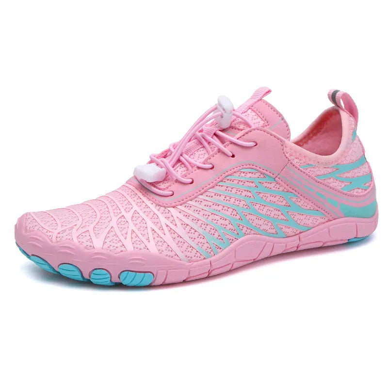 White and pink outdoor casual lace-up shoes with a non-slip rubber sole on a neutral background.
