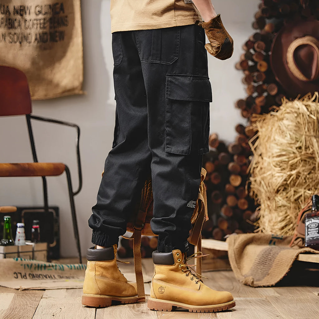 Men's loose straight cargo trousers in black, army green or khaki, 100% polyester, sizes M to 5XL, mid waist plain overalls.