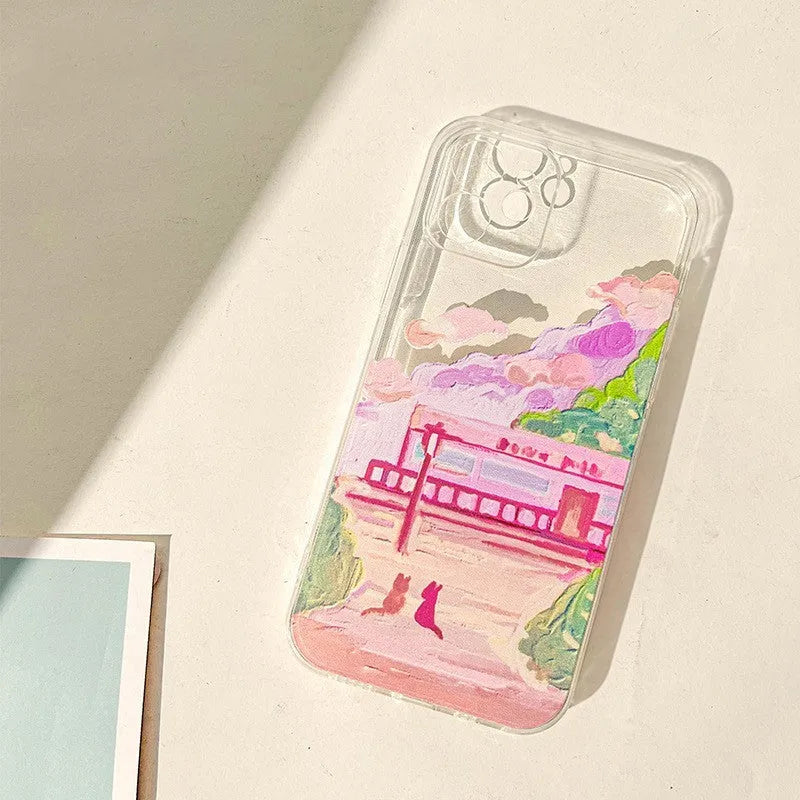 Soft silicone iPhone case with a colourful two cats cartoon design on the back.